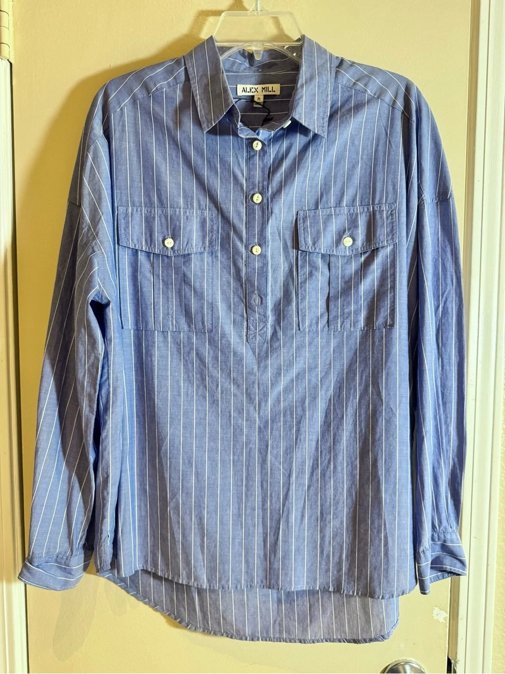 NWT Alex Mill Blue and White Striped Casual Popover Shirt Size Medium Loose Fit - Picture 4 of 13